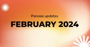 Futuristic digital update banner for Panoee with February 2024 news, featuring vibrant warm gradient background, modern design elements, and clear text for online presentation and website updates.