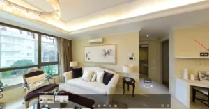 Luxurious hotel living room with large windows, elegant furniture, modern decor, and soft ambient lighting for a cozy yet sophisticated atmosphere.