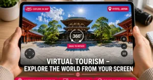 Virtual tourism experience showing a 360-degree view of Kyoto temple on a tablet screen