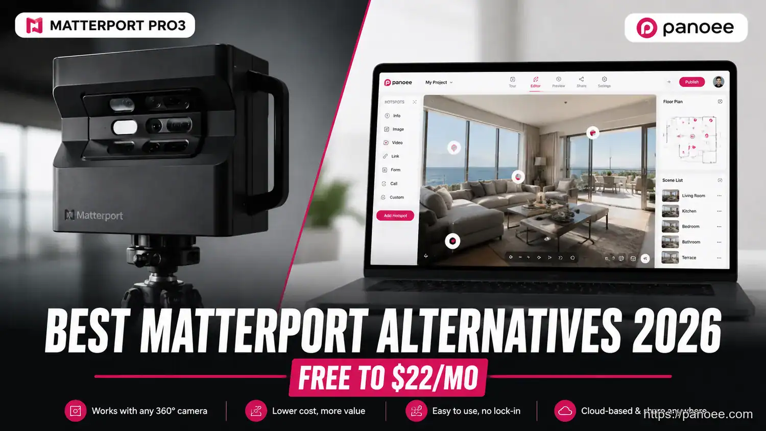 Matterport Pro3 camera compared to virtual tour software dashboard — best Matterport alternatives 2026