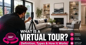 Photographer capturing a real estate interior with a 360-degree camera for a virtual tour