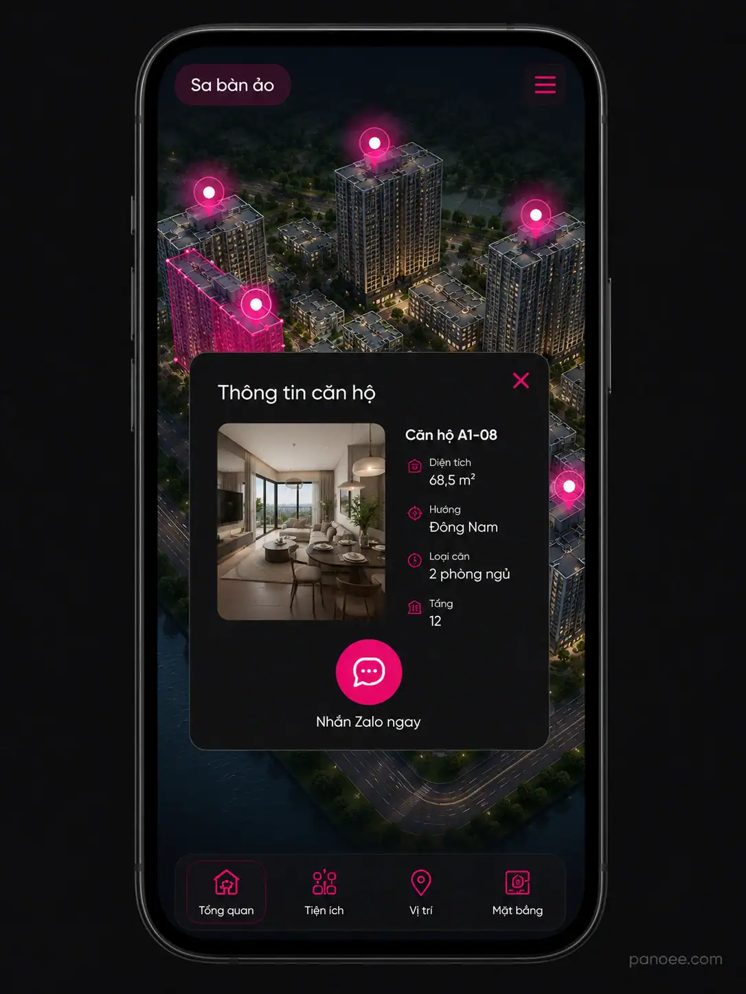 Product Hotspot hiển thị giá căn hộ kèm nút liên hệ Zalo
