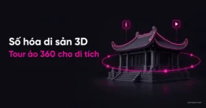 Ảnh bìa bài số hóa di sản 3D với mái đình cách điệu và vòng tham quan 360 độ